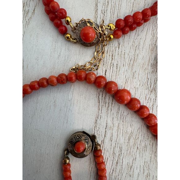 Antique Italian Coral Red Salmon Bead Necklace Bracelet Brooch Pin Circa 1920 - Picture 6 of 8